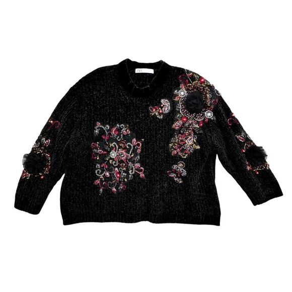 Zara Black Chenille Embellished Sweater Women’s M Beaded Sequin Velvet Floral - Picture 5 of 10
